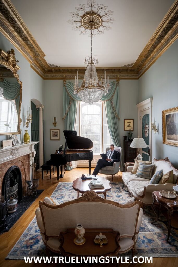 Formal elegance with a grand piano, a detailed fireplace, and sophisticated upholstered furniture defines this luxury Victorian living room setting. High ceilings, ornate molding, and a crystal chandelier further enhance the sense of Victorian luxury in the living room.