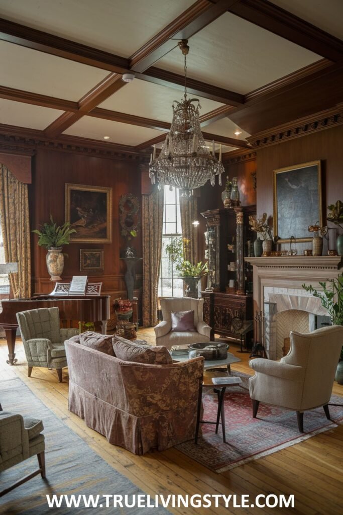 Wood-paneled walls and a coffered ceiling create a rich and architectural interior in this luxury Victorian living room style. Comfortable upholstered furniture, a grand piano, and a detailed fireplace contribute to the Victorian luxury of the living room.