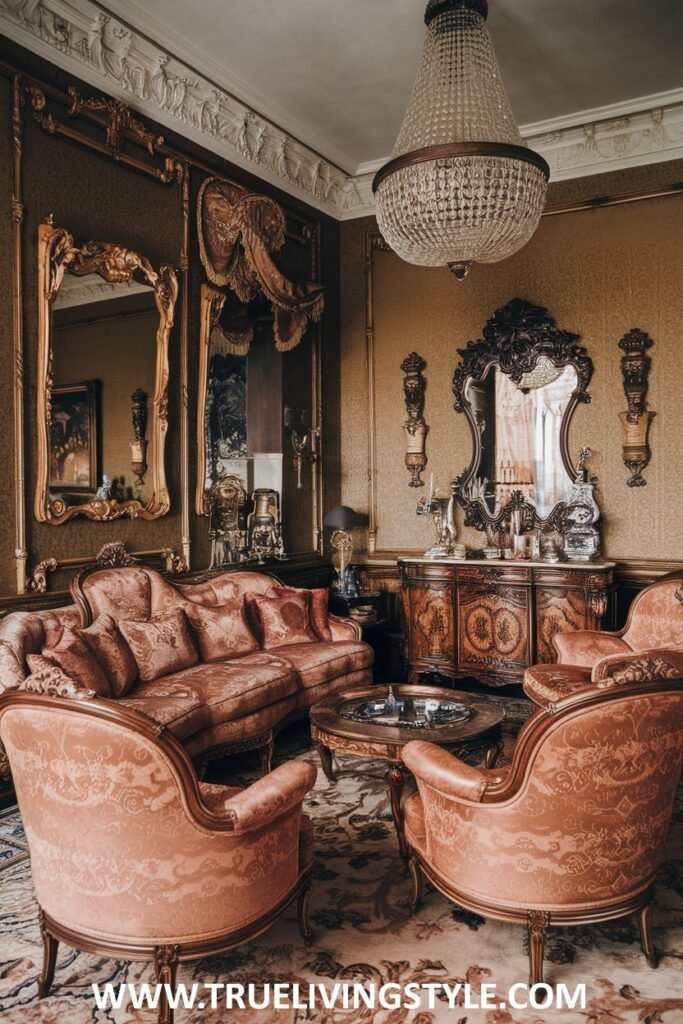 Intricate wall decor and numerous gilded details on the furniture and mirrors emphasize opulence in this luxury Victorian living room. Plush upholstered seating and a large crystal chandelier complete the look of Victorian luxury in the living room.