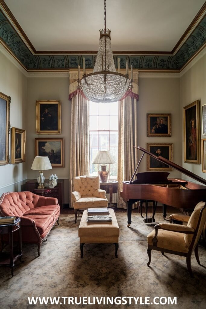 A gallery wall displaying numerous framed artworks adds personality to this luxury Victorian living room space. Comfortable upholstered seating and a grand piano create a welcoming yet luxury Victorian atmosphere in the living room.