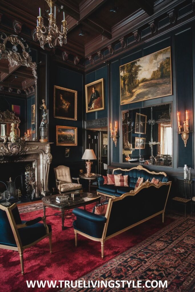 Deep blue walls create a dramatic backdrop for the ornate fireplace and luxurious furniture in this luxury Victorian living room (or salon). Plush upholstered sofas and armchairs with gilded accents, along with mirrored panels, contribute to the rich Victorian luxury of the living room.