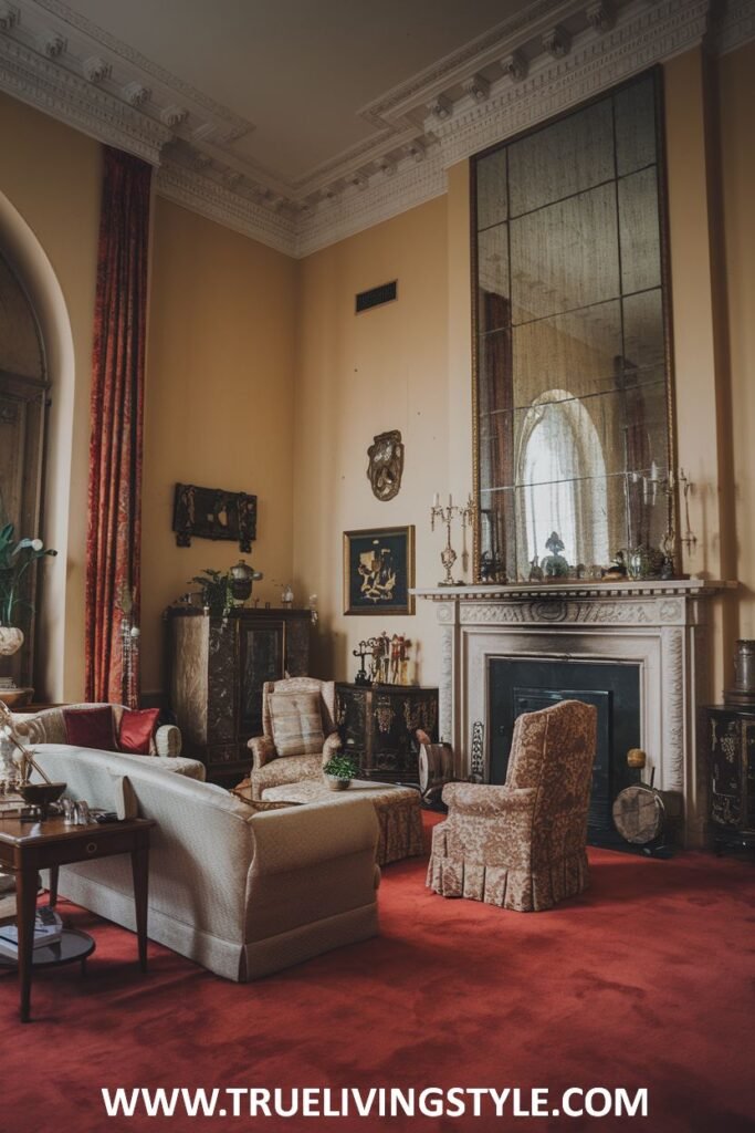 A luxury Victorian living room showcasing a grand white marble fireplace with an ornate overmantel and segmented mirror. The room features high ceilings with decorative molding, a rich red carpet, and elegant upholstered furniture in a setting of Victorian luxury.