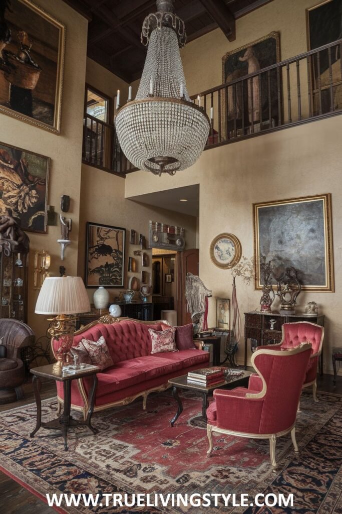 A high-ceilinged luxury Victorian living room (or salon) dominated by a striking crystal chandelier. The room is filled with numerous artworks displayed salon-style, a plush red sofa, and coordinating armchairs, exuding Victorian luxury in a grand living room setting.