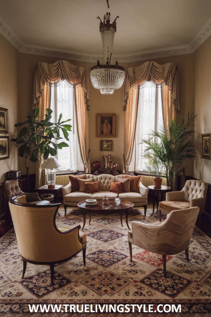 An elegant bay window is the central feature of this luxury Victorian living room. The room includes layered curtains, a crystal chandelier, a neutral-toned sofa, and comfortable armchairs, creating a refined Victorian luxury atmosphere in the living room.