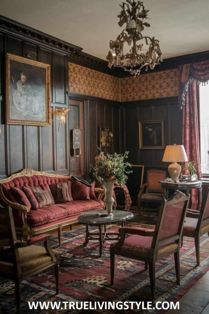 Dark wood wall paneling characterizes this luxury Victorian living room, furnished with a red upholstered sofa with gold accents, ornate chairs, and a patterned rug, creating a warm and luxury Victorian ambiance in the living room.