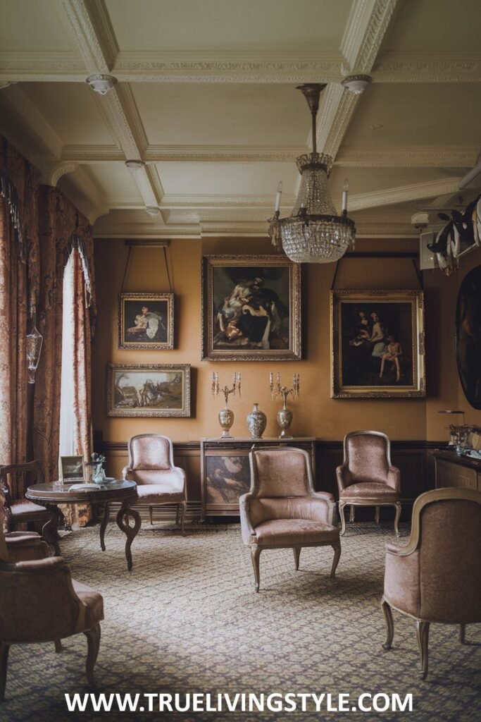 This luxury Victorian living room displays formal symmetry with matching armchairs around a central console table, flanked by framed artwork. A crystal chandelier and patterned carpet contribute to the sophisticated Victorian luxury of the living room.