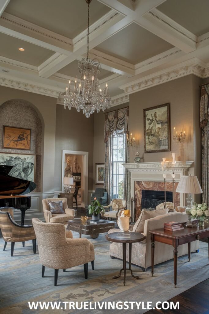 A grand piano is a prominent feature of this luxury Victorian living room, suggesting a space for entertainment. The room includes high ceilings, a detailed fireplace, comfortable seating, and a large crystal chandelier, embodying Victorian luxury in the living room.
