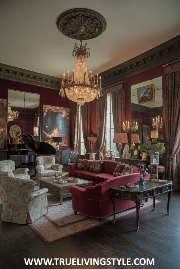 Dramatic dark red walls and large mirrored panels define this luxury Victorian living room (or salon). Plush upholstered furniture, a red sofa, patterned armchairs, a grand piano, and ornate details create a rich Victorian luxury in the living room.