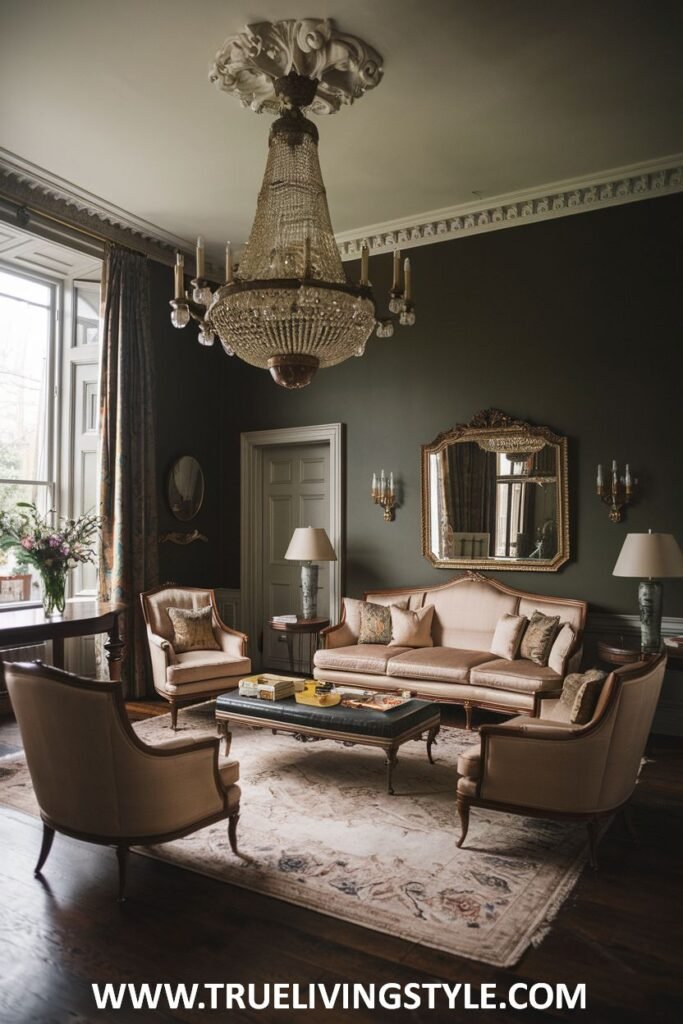 A soft color palette and a large, ornate gilt mirror are key elements of this luxury Victorian living room (or lounge). The room features a blush-toned sofa and lighter armchairs, adding to the Victorian luxury and elegance of the living room.
