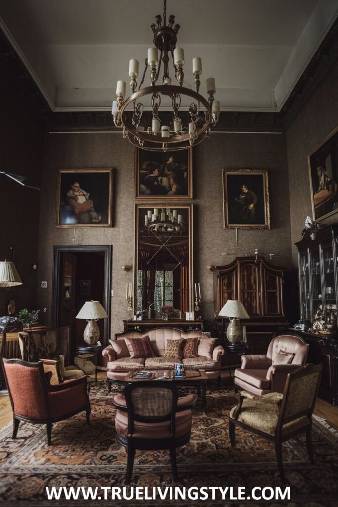 An eclectic display of artwork covers the walls of this luxury Victorian living room. Comfortable upholstered furniture, a crystal chandelier, and a patterned rug contribute to a warm and luxury Victorian atmosphere in the living room.