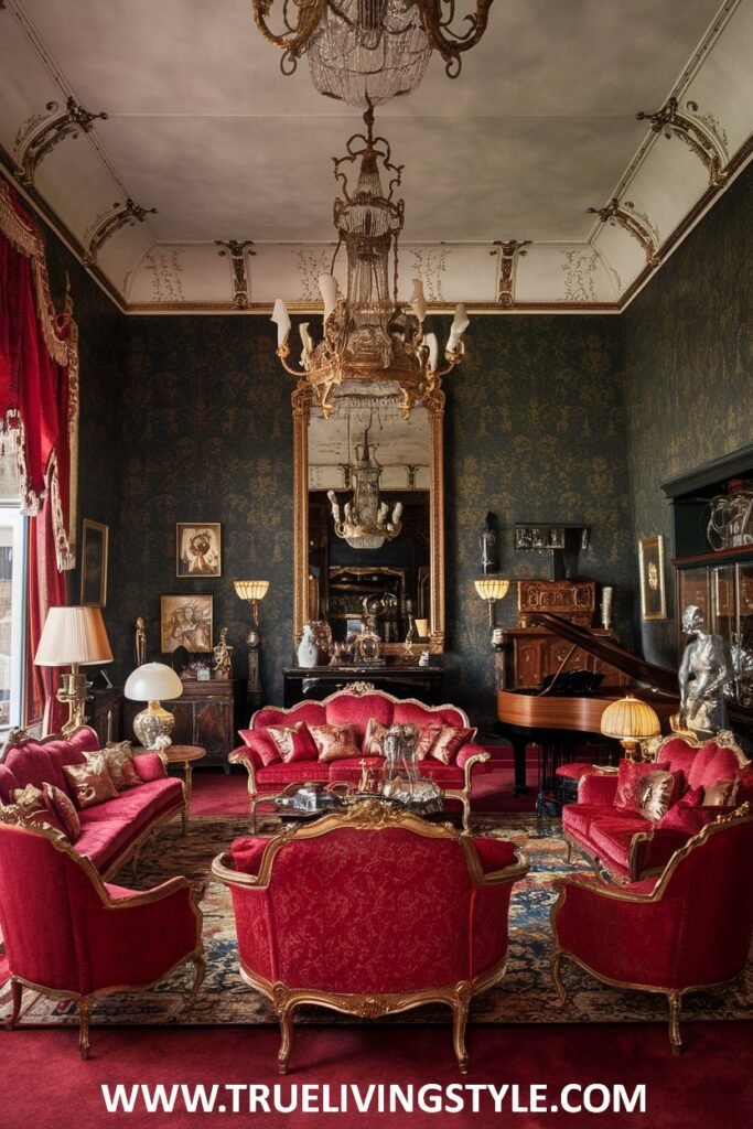 Lavish red and gold decor with ornate furniture, rich fabrics, and gilded accents define this luxury Victorian living room. Multiple chandeliers and a large mirror enhance the opulent Victorian luxury of the living room.