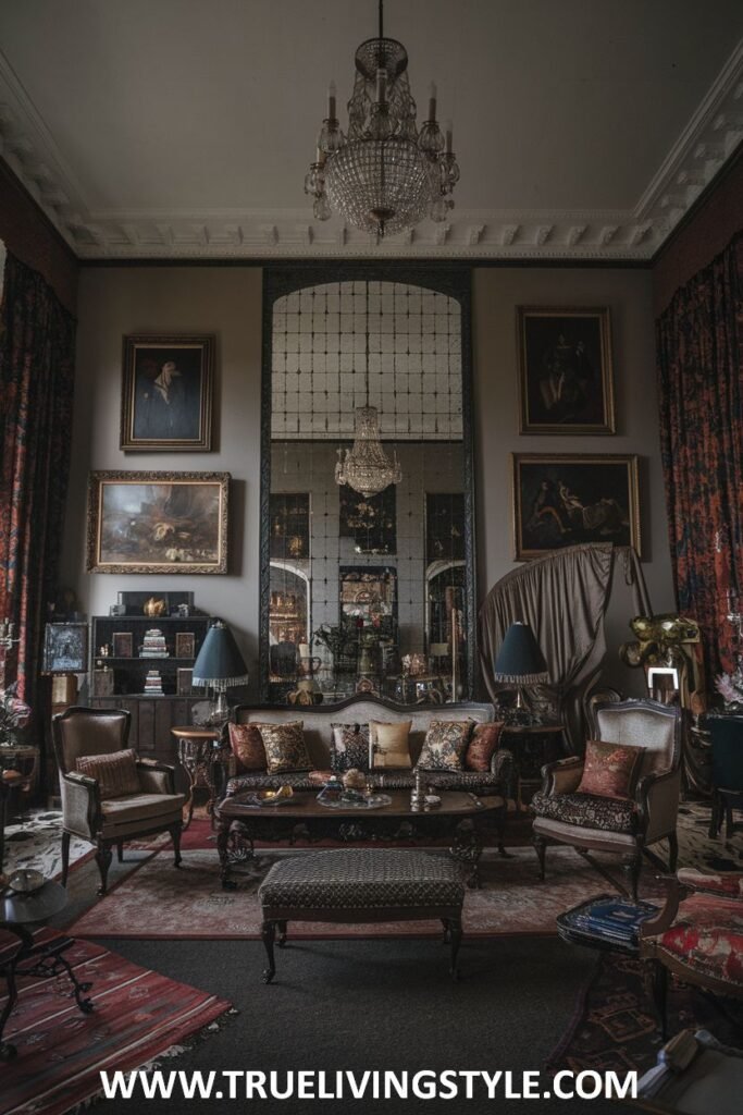 An intimate seating arrangement with sofas and armchairs around a central ottoman is featured in this luxury Victorian living room setting. The room includes a mix of textures, patterns, framed artwork, and a large mirror, creating a comfortable yet luxury Victorian feel in the living room.