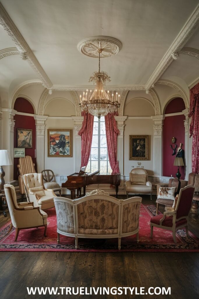 Arched alcoves add architectural interest to this luxury Victorian living room, which is furnished with elegant upholstered furniture, rich drapery, and a crystal chandelier, contributing to the refined Victorian luxury of the living room.