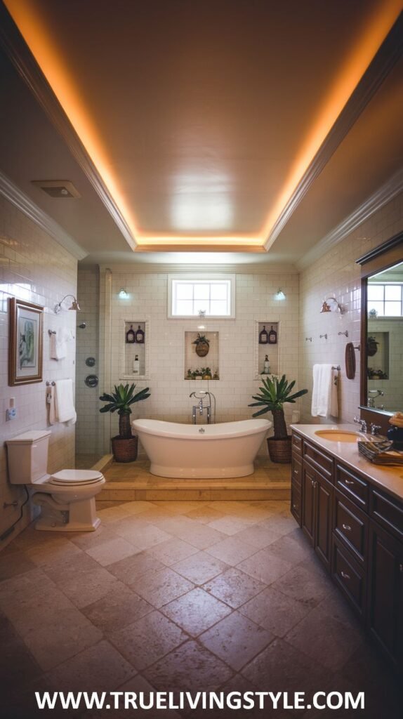A warm bathroom showcases a raised soaking tub and a double vanity.
