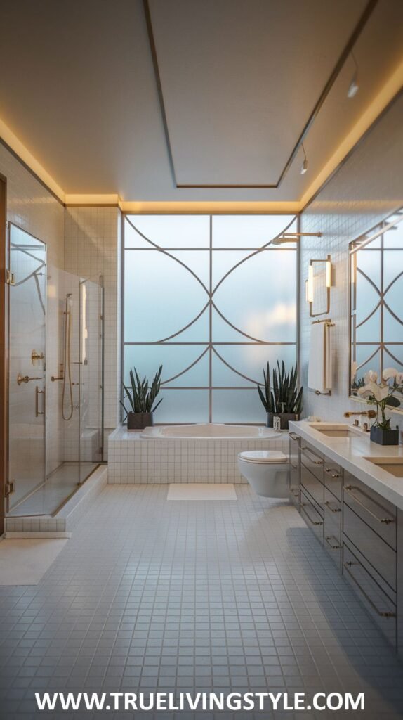 An elegant bathroom features gold trim and a geometric window above the tub.