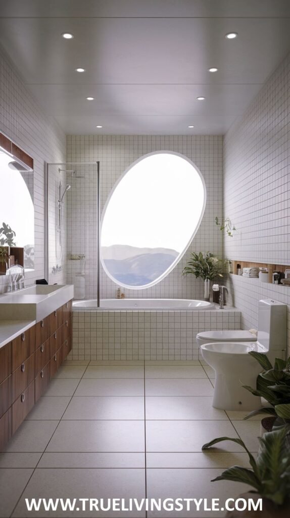 A modern bathroom has an oval window and a floating vanity.