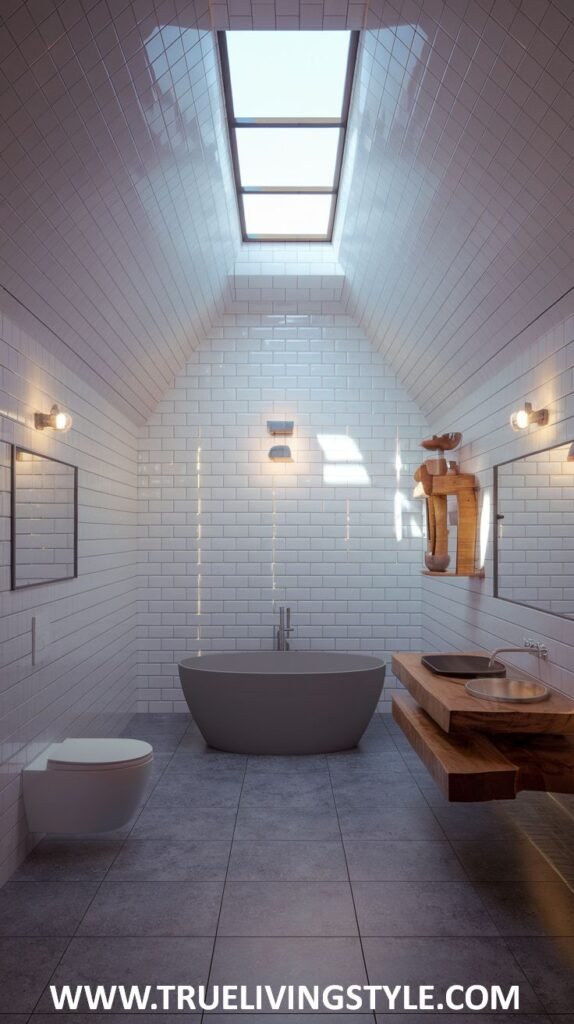 A contemporary bathroom features an angled ceiling and a floating wood vanity.