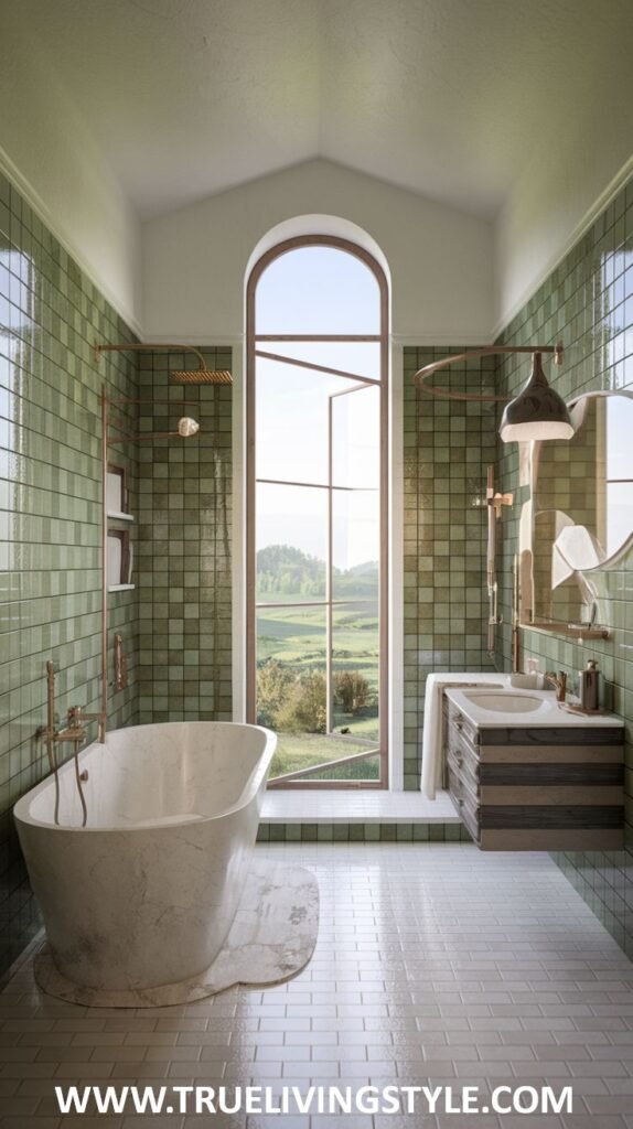 A green tiled bathroom features a freestanding tub, copper fixtures, and a large arched window.