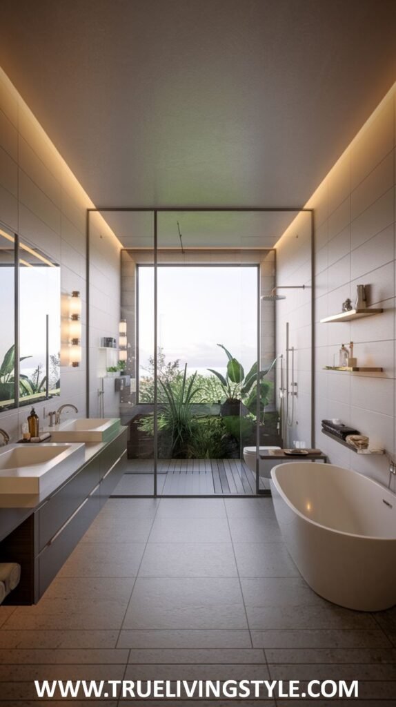 A modern bathroom includes an indoor garden, floating vanities, and a freestanding tub.