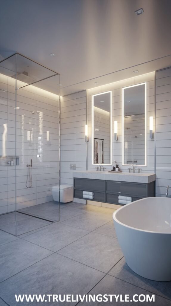 A minimalist white bathroom has illuminated mirrors, a glass shower, and a freestanding tub.