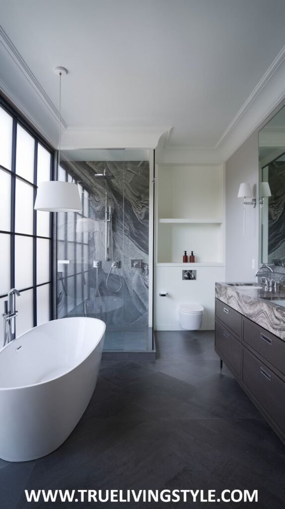 An elegant bathroom showcases marble accents, a freestanding tub, and a glass shower.