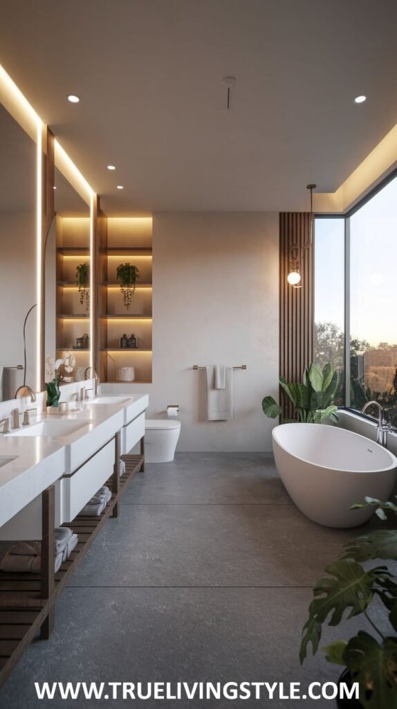 A warm-toned bathroom includes natural wood accents, a soaking tub, and a double vanity.