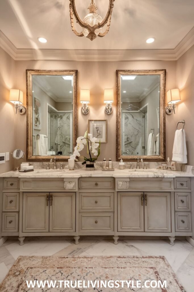 A traditional bathroom features ornate mirrors and a double vanity.