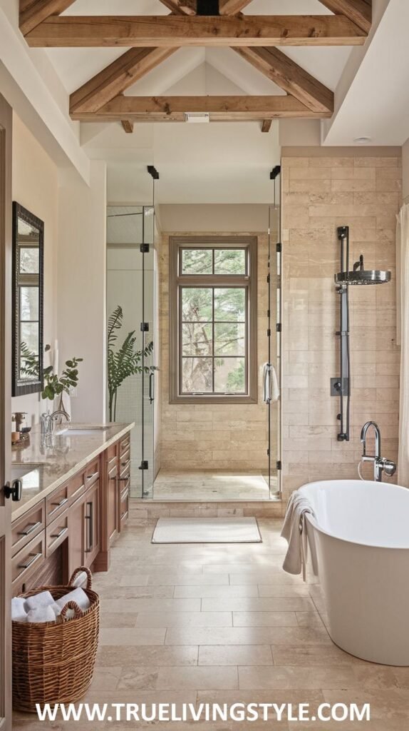 A natural bathroom features exposed beams, stone tiles, and a freestanding tub.