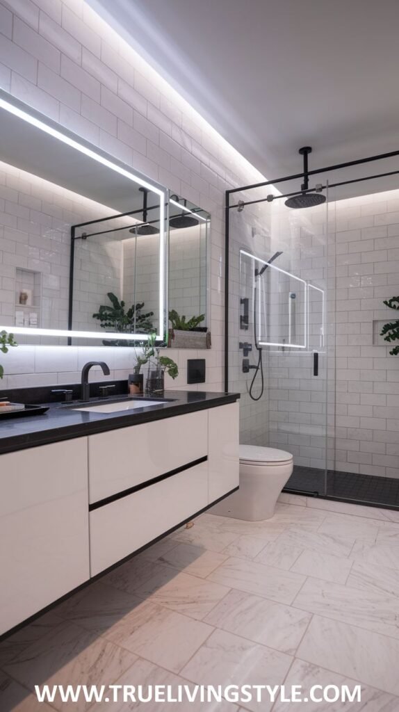 A contemporary bathroom incorporates black accents and a frameless shower.