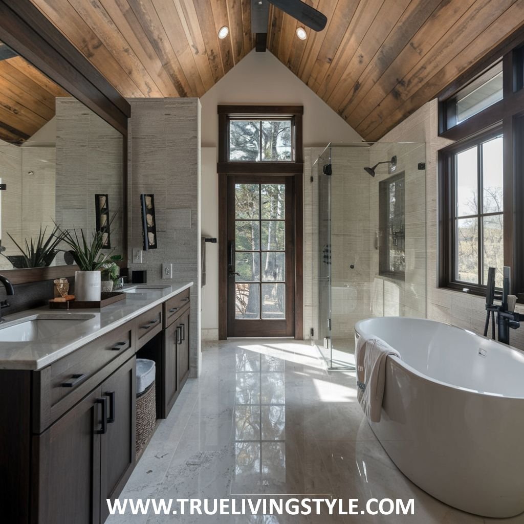 A rustic bathroom has a wood ceiling and a freestanding tub.