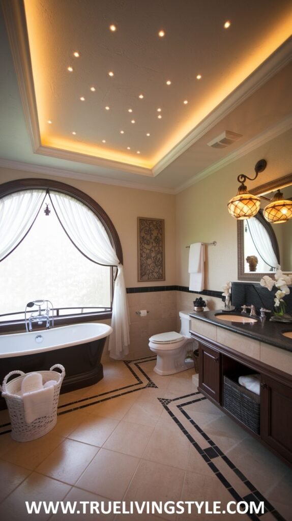 A traditional bathroom includes a mosaic floor and an arched window above the tub.