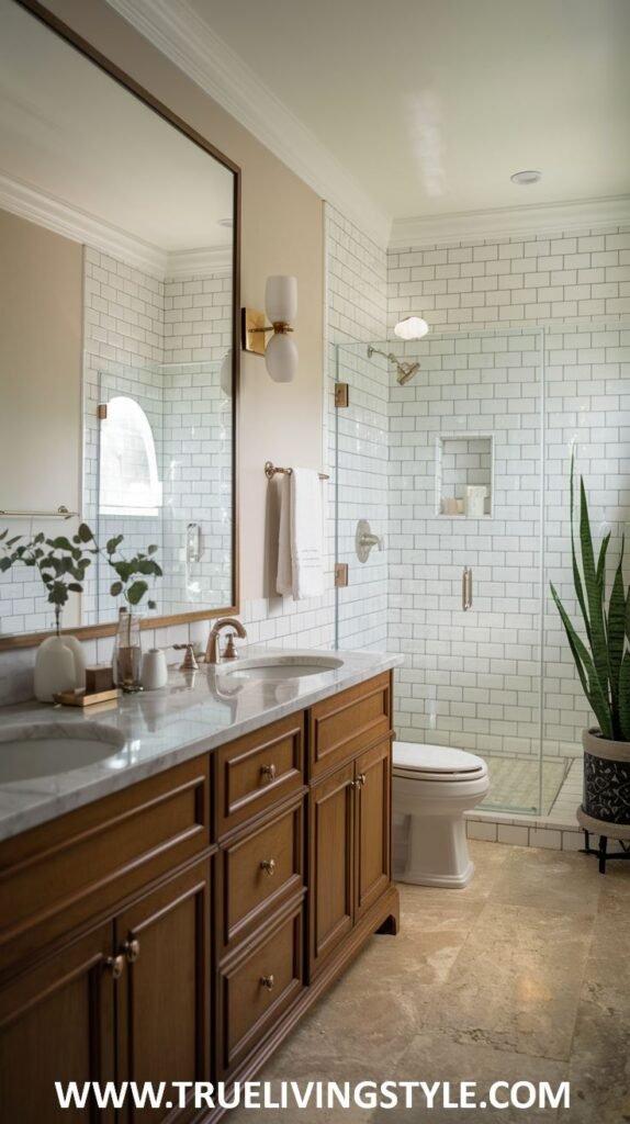 A classic white bathroom includes subway tiles and a wood vanity.