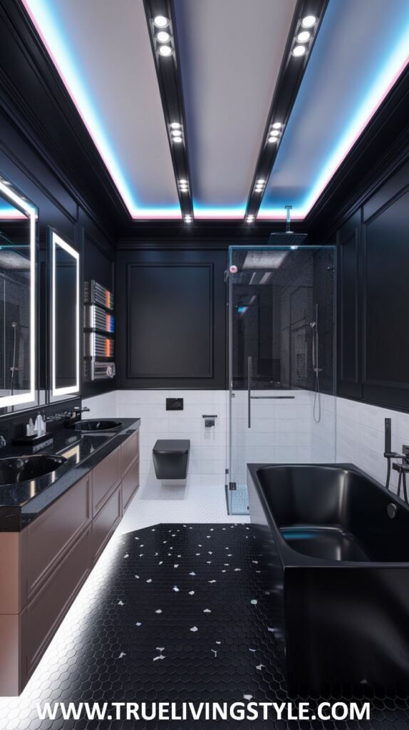 A bold black and white bathroom has unique lighting and a black soaking tub.