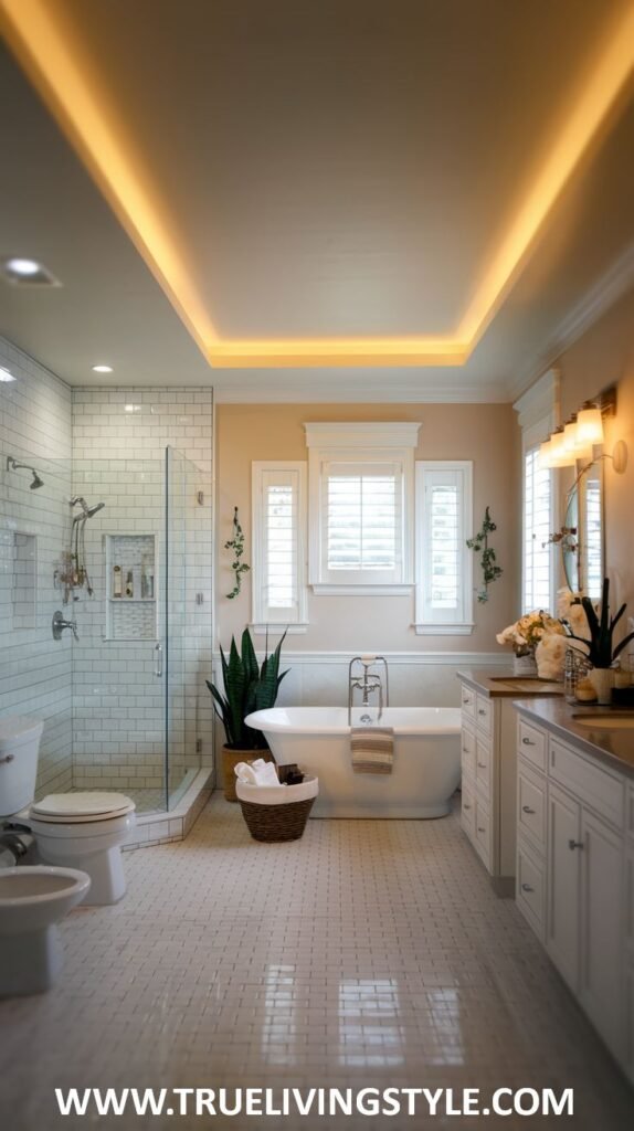 A serene bathroom features soft lighting and a freestanding tub.