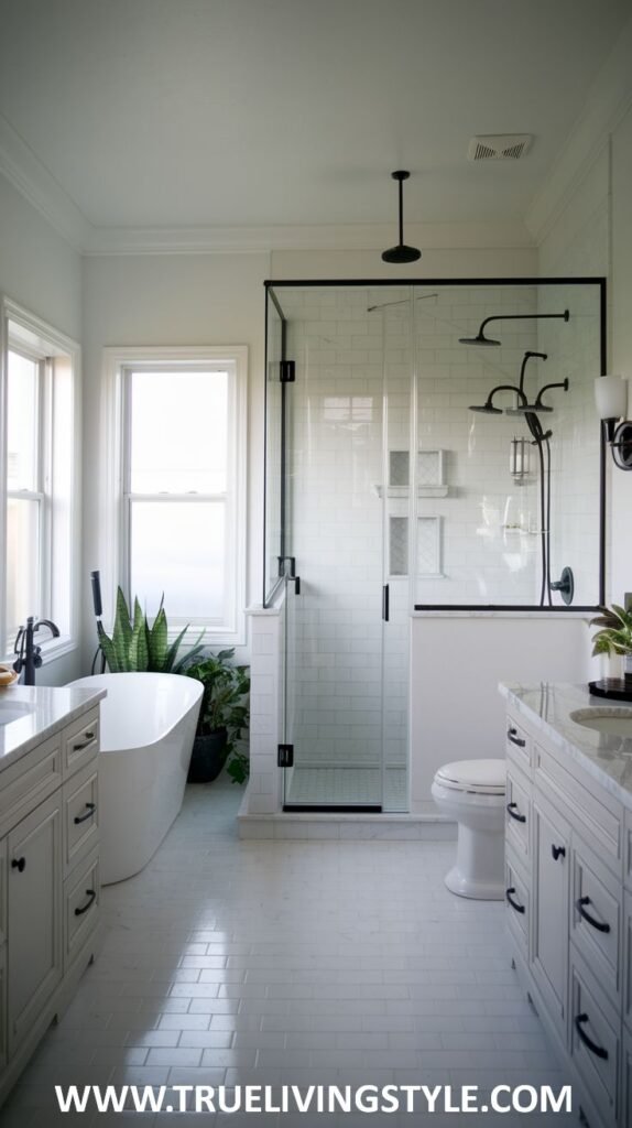 A bright white bathroom has a black framed shower and double vanities.