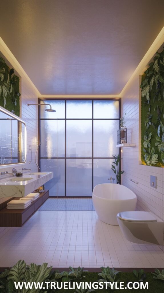 A lush bathroom features vertical gardens and a freestanding tub.