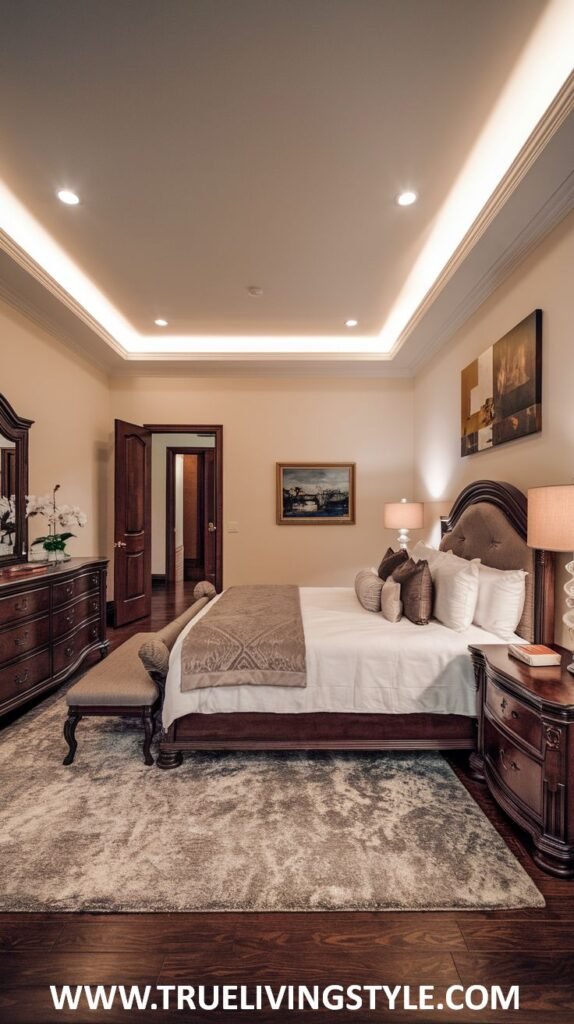 A traditional-style bedroom with dark wood furniture.