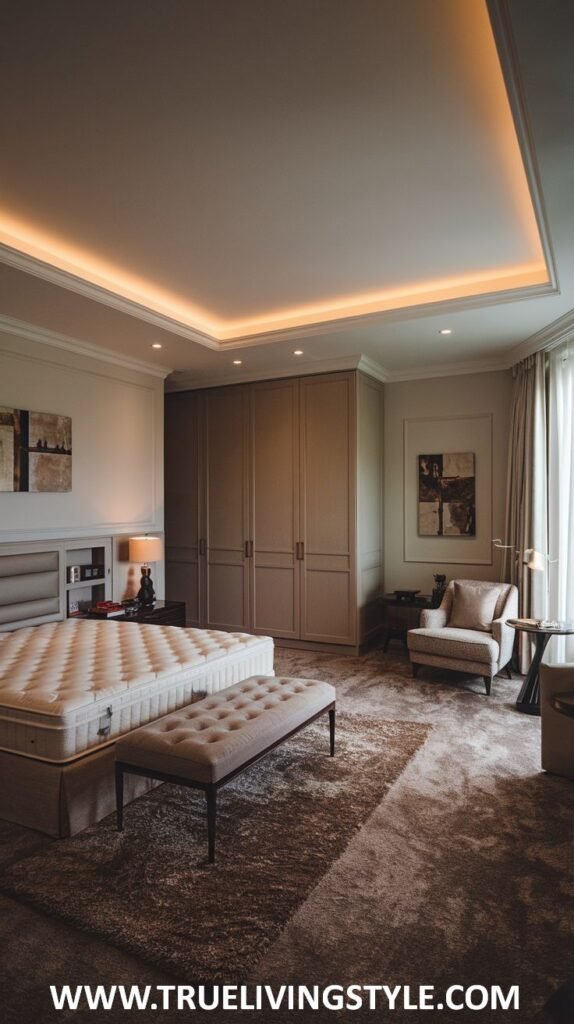 A bedroom with a neutral palette and an accent wall.