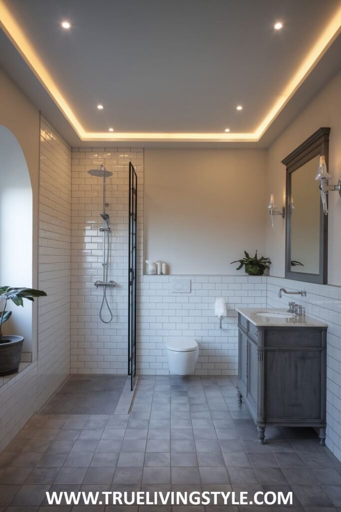 A clean and modern Minimalist Bathroom with white subway tiles on the walls and a dark-toned floating vanity with a frameless glass shower door.