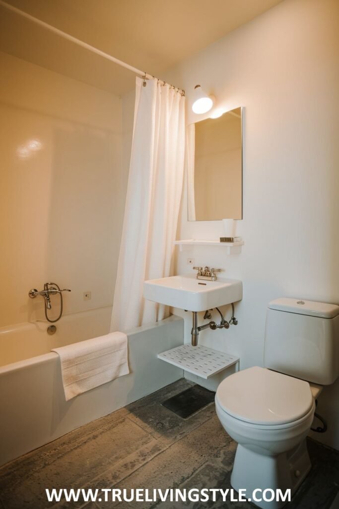 A functional Minimalist Bathroom with basic white fixtures and a neutral color scheme emphasizing simplicity.