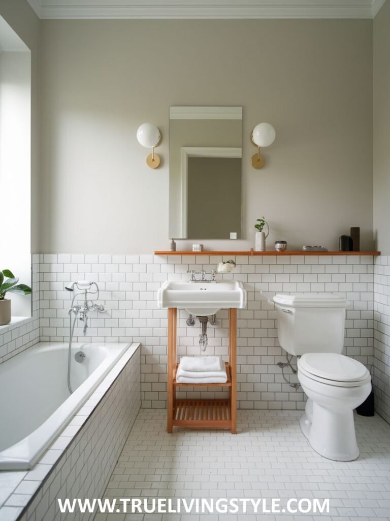 A classic Minimalist Bathroom with half-tiled white subway walls and a simple wooden shelf above a white sink.