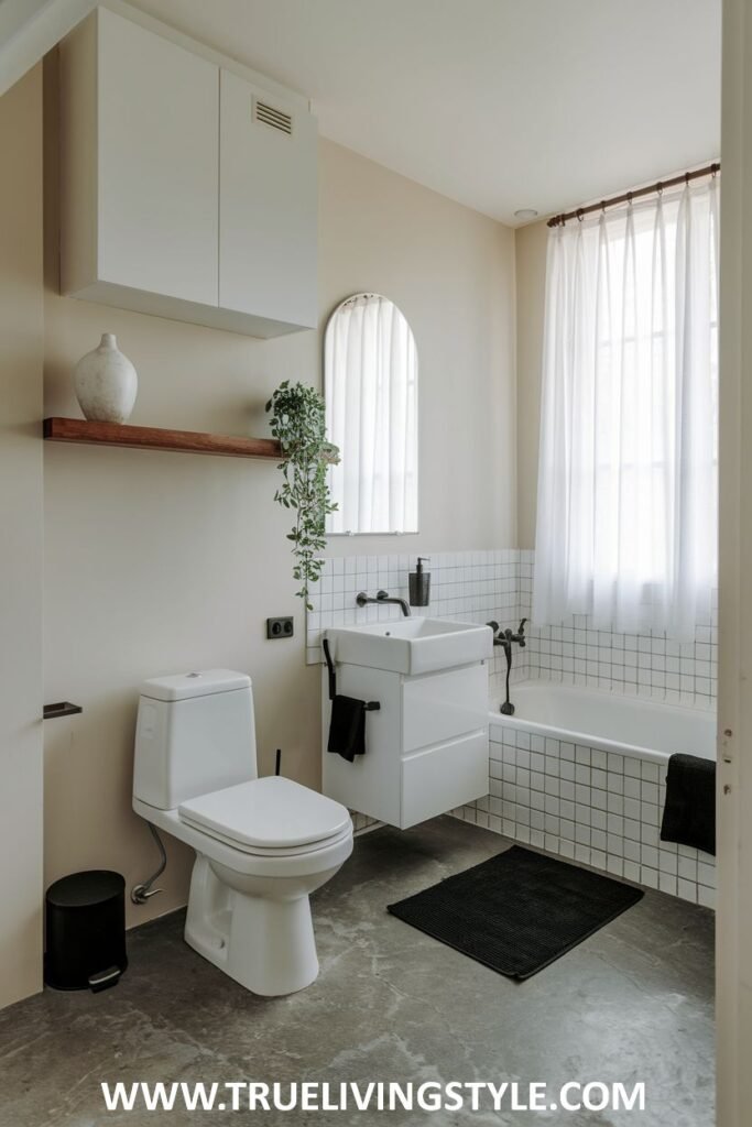 A modern Minimalist Bathroom with a white wall-mounted cabinet for storage and contrasting black accents in the fixtures.