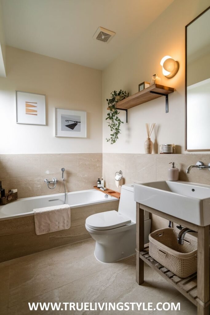 A simple and functional Minimalist Bathroom including a basic wooden stool and a large rectangular mirror.