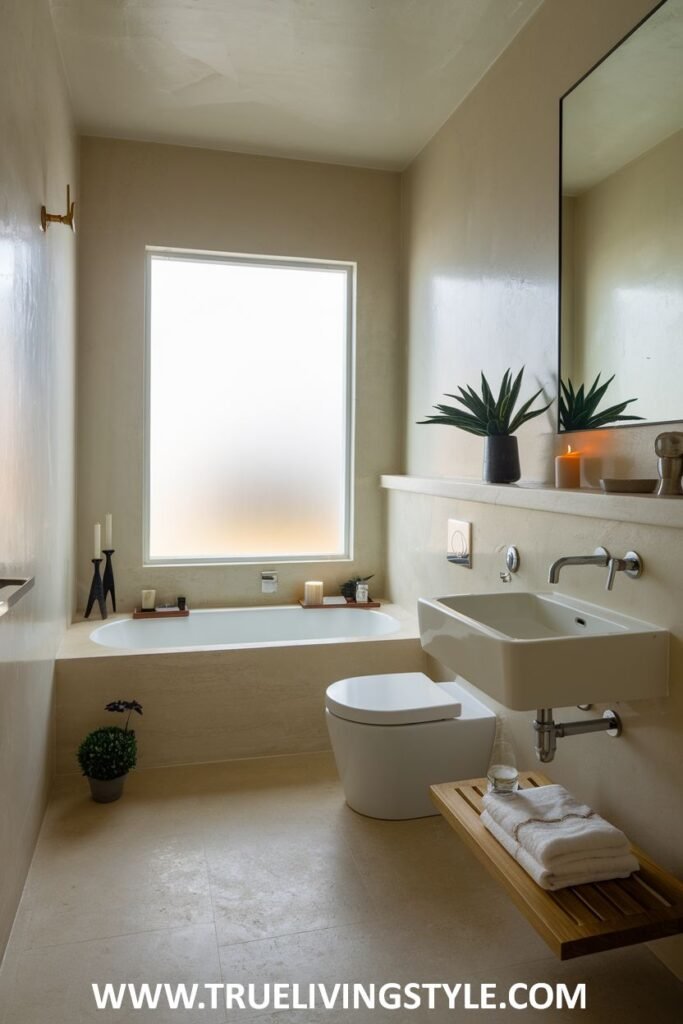 A private Minimalist Bathroom with a frosted window providing natural light and a built-in ledge along the bathtub.