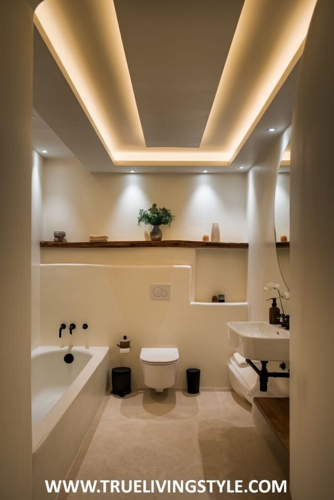 An architecturally lit Minimalist Bathroom with accent lighting highlighting features and an open wall niche for subtle storage.
