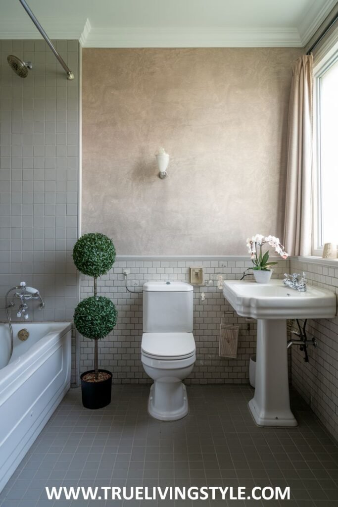 A naturally accented Minimalist Bathroom with a traditional pedestal sink and a tall potted plant adding a touch of greenery.