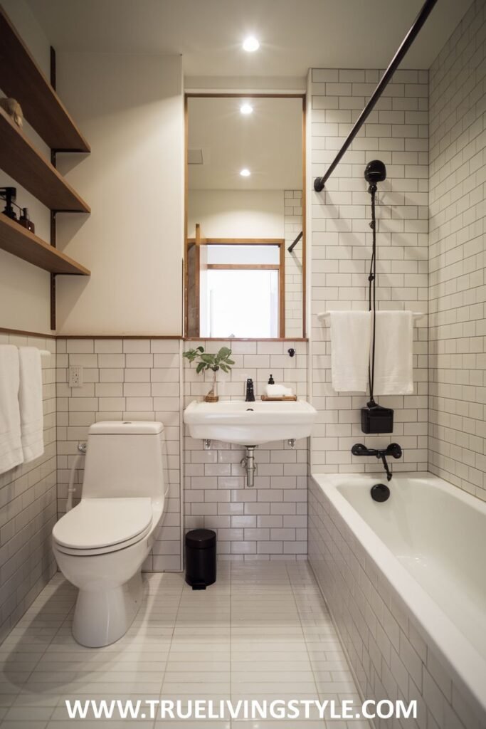 A timeless Minimalist Bathroom with white subway tiles and simple wooden shelves for open and accessible storage.