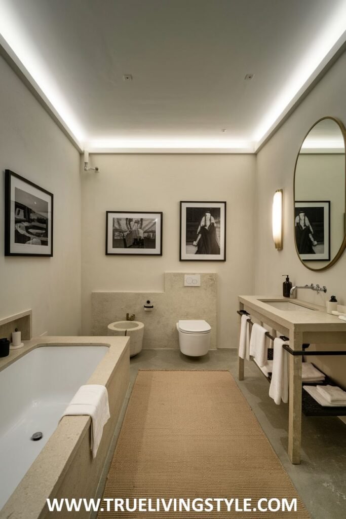 A serene Minimalist Bathroom with a neutral color palette, a long integrated sink and countertop, and a simple round mirror.