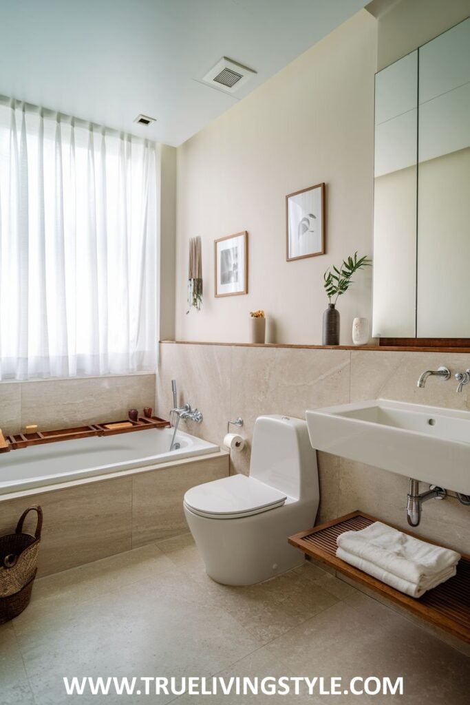 A spacious-feeling Minimalist Bathroom with an extended white countertop and a seamless under-mount sink.