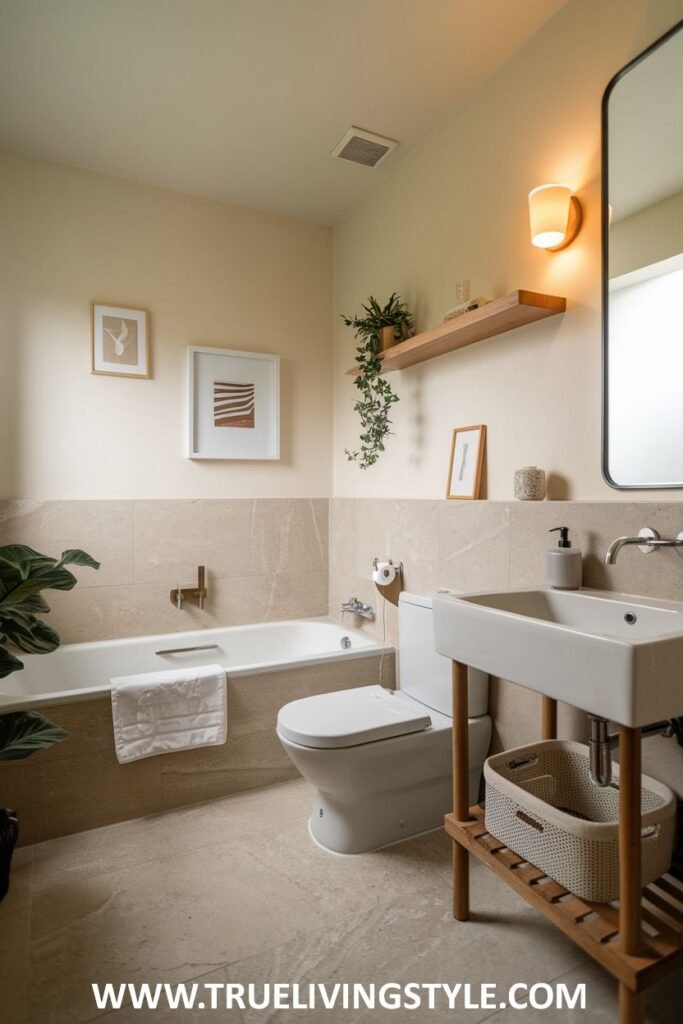 A subtly lit Minimalist Bathroom with a single sconce light and practical woven baskets for under-sink storage.
